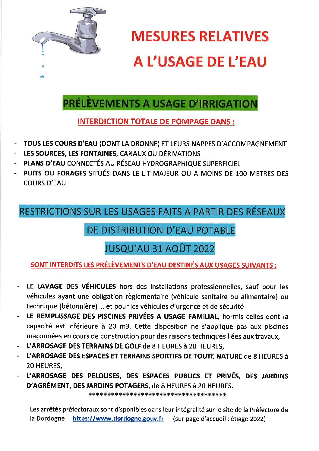 RESTRICTION SUR PRELEVEMENT D’EAU